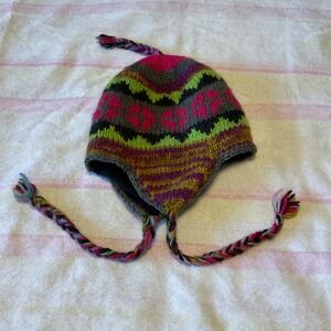 Unbranded Earflap Beanie Women OS Multi Color Excellent Wool Knit Nepal Boho